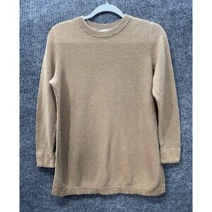 J Jill Waffle Knit Top Womens Small Tan Silk Wool Blend Button Sleeve Split Hem